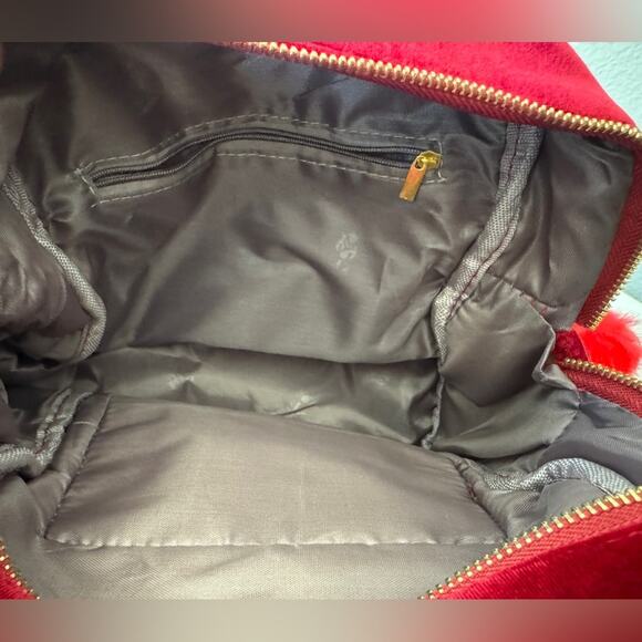 Red Velvet Multi Compartment Mini Backpack w/ Matching Pom Pom - Picture 9 of 10